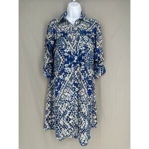Cabi Dress Womens Small Blue Button Mini Jewel Print Artsy Abstract Roll Tab